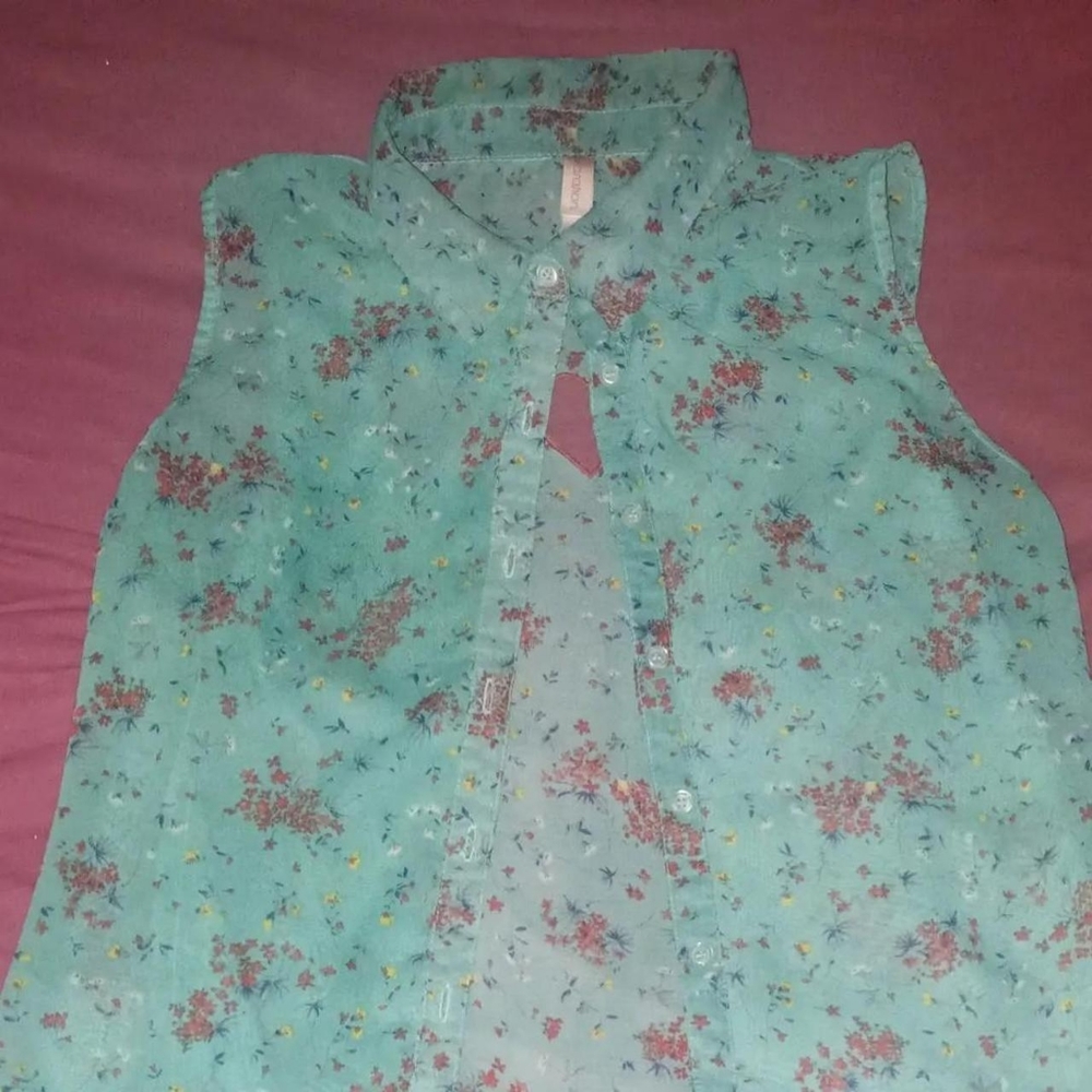 Teal button up sheer tank top